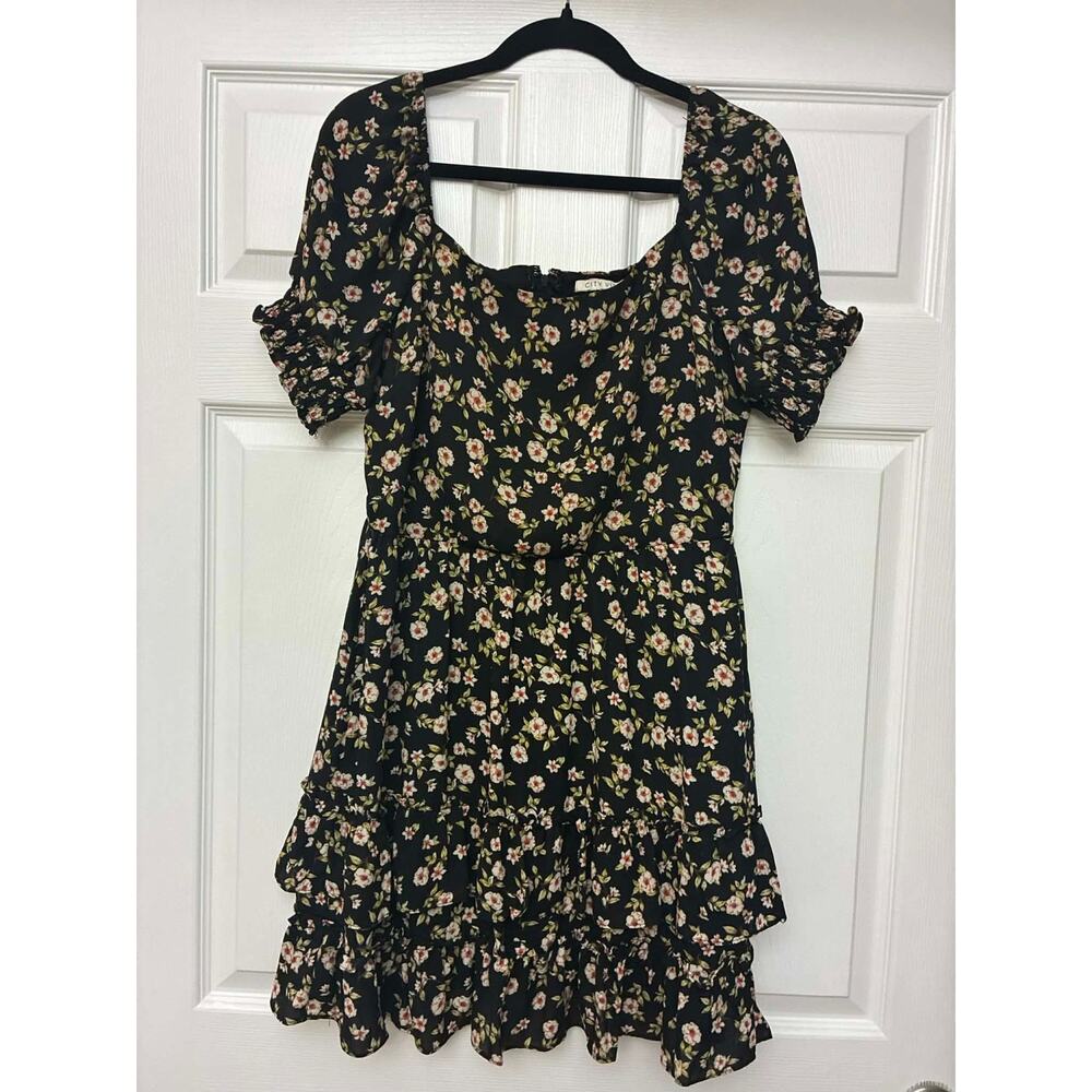 City Vibe Black Floral Mini Dress Size 11 Puff Sleeve Tierred Ruffle Cottagecore